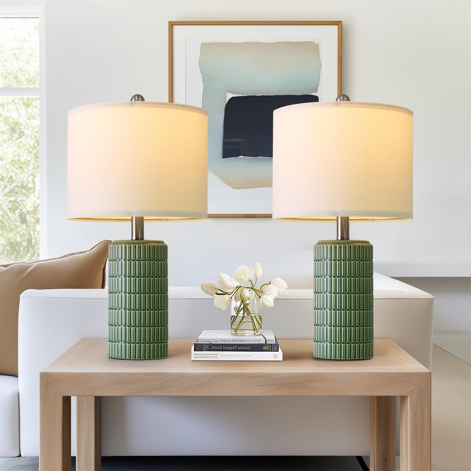PoKat 20.75" Small Modern Ceramic Table Lamps Set of 2 for Bedroom, Green Bedside Lamps for Night Stands, Farmhouse House Decor…