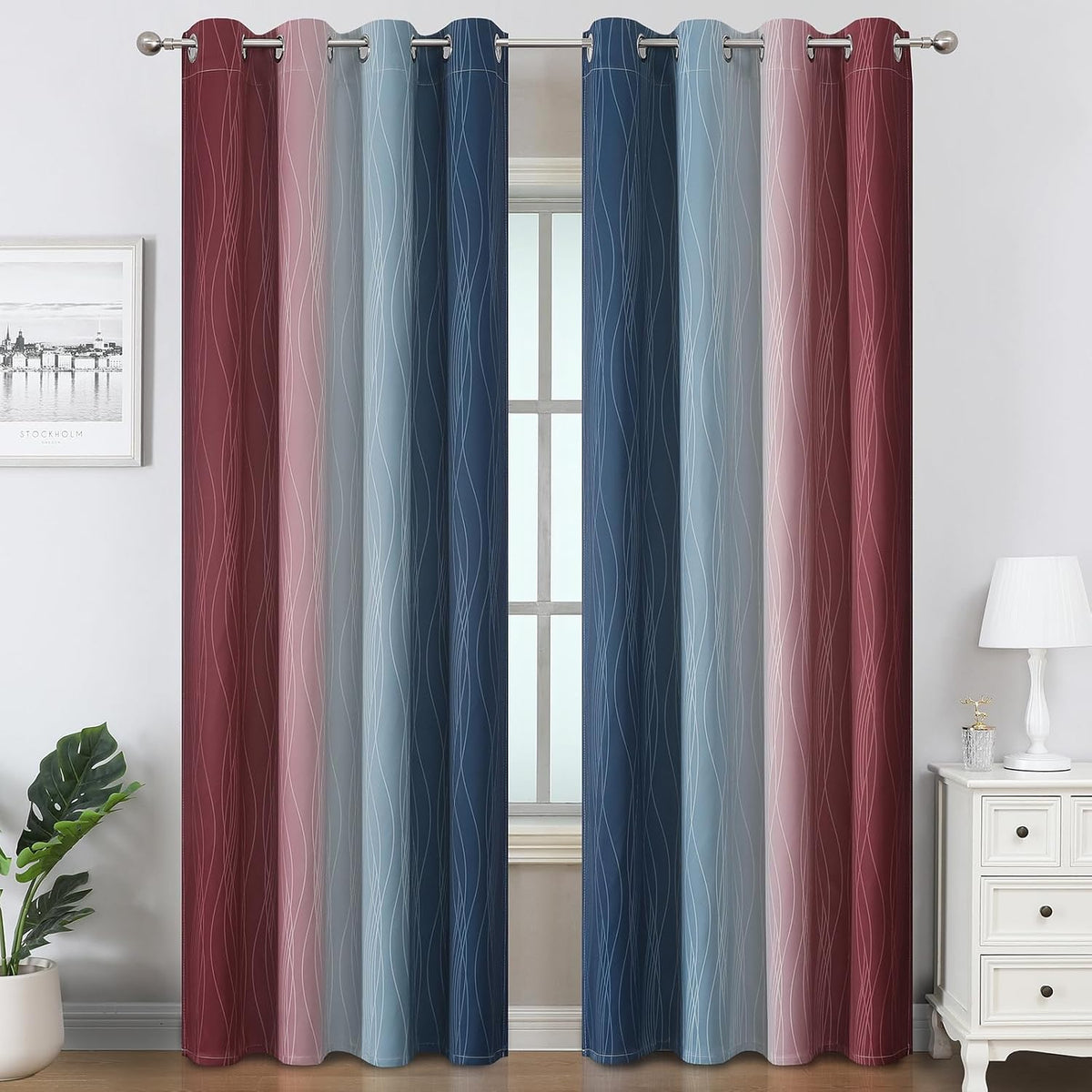 Estelartextiler Estelar Textiler Navy Blue and Burgundy Red Ombre Blackout Curtains 90 Inch Length for Living Room, Room Darkening Grommet…
