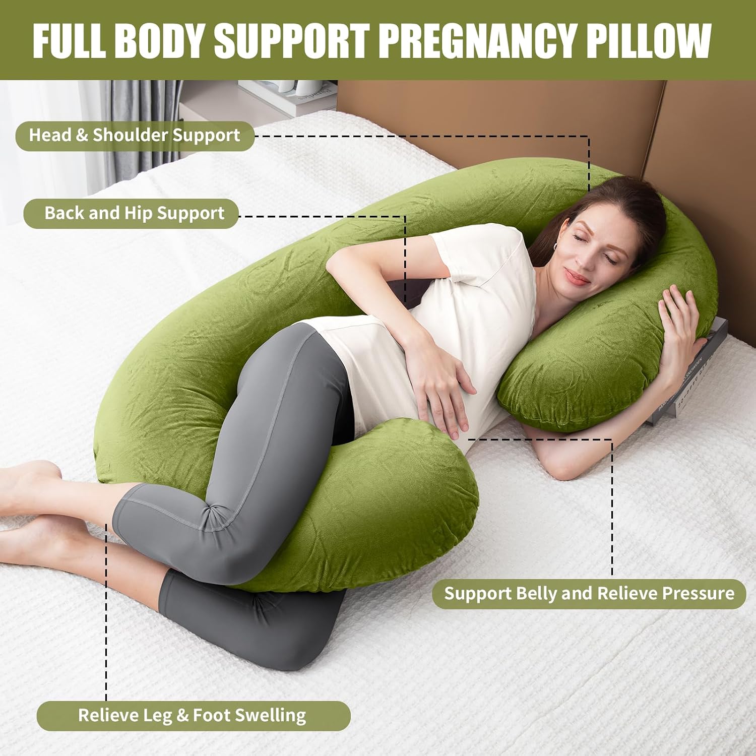 1 MIDDLE ONE Pregnancy Pillow, C Shaped Full Body Pregnant Women Sleeping Pillow for Maternity Support with Cover (Green)