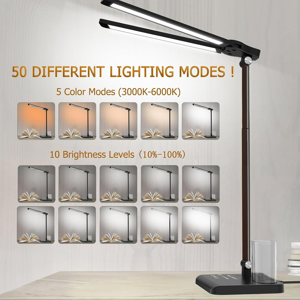 CHARYJOD Retractable Dimmable LED Desk Lamp with USB Charging Port, 50 Lighting Modes Dual Swing Arm Architect Adjustable Table Lamp…