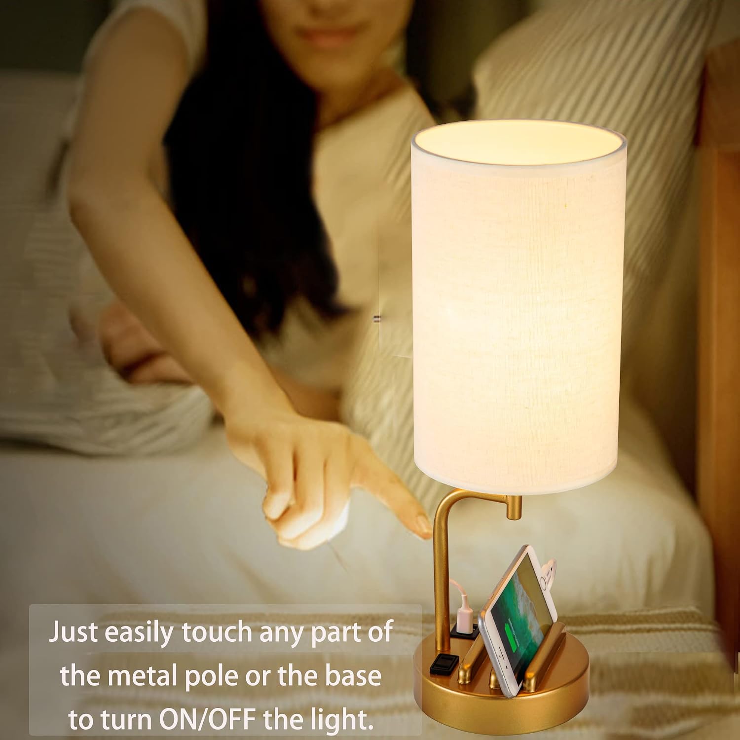 Dreamholder Touch Control USB Table Lamp, Upgraded 3-Way Dimmable Bedside Desk Lamp with USB C & A Charging Ports and AC Outlet…