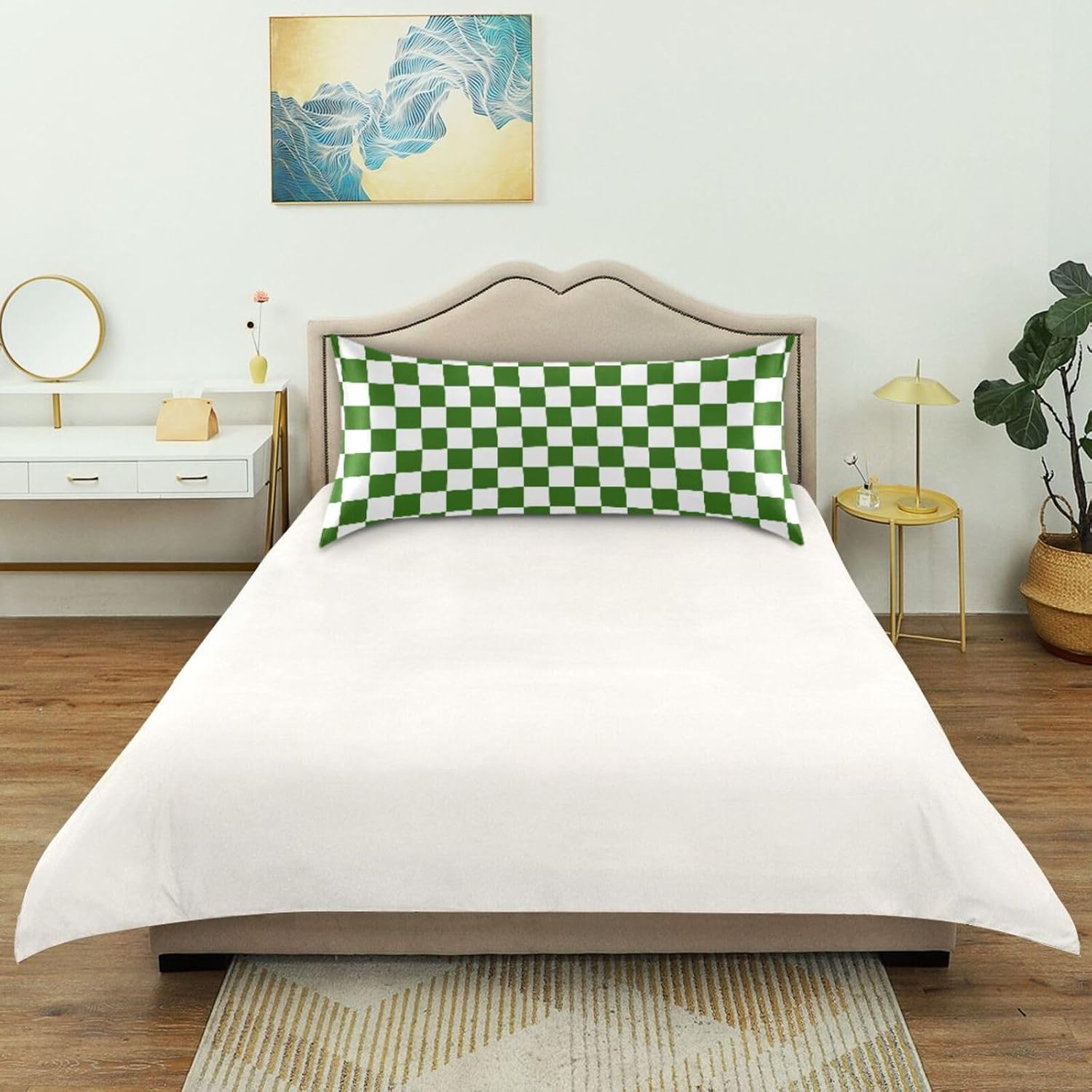 Checkerboard White Green Plaid Print Pillow Covers Silk Pillowcase for Hair and Skin with Envelope Closure Soft Satin Pillowcase King…