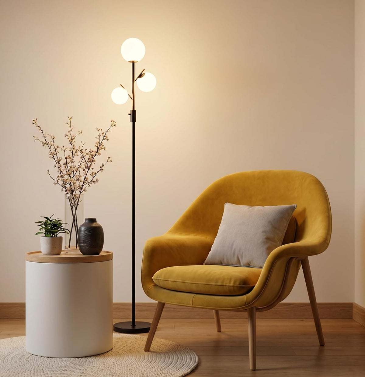 Fiqevs Mid Century Modern 3 Globe Tree Floor Lamp - Dimmable LED Standing Lamp with Bulbs, Warm Light for Living Room Bedroom Office - Black