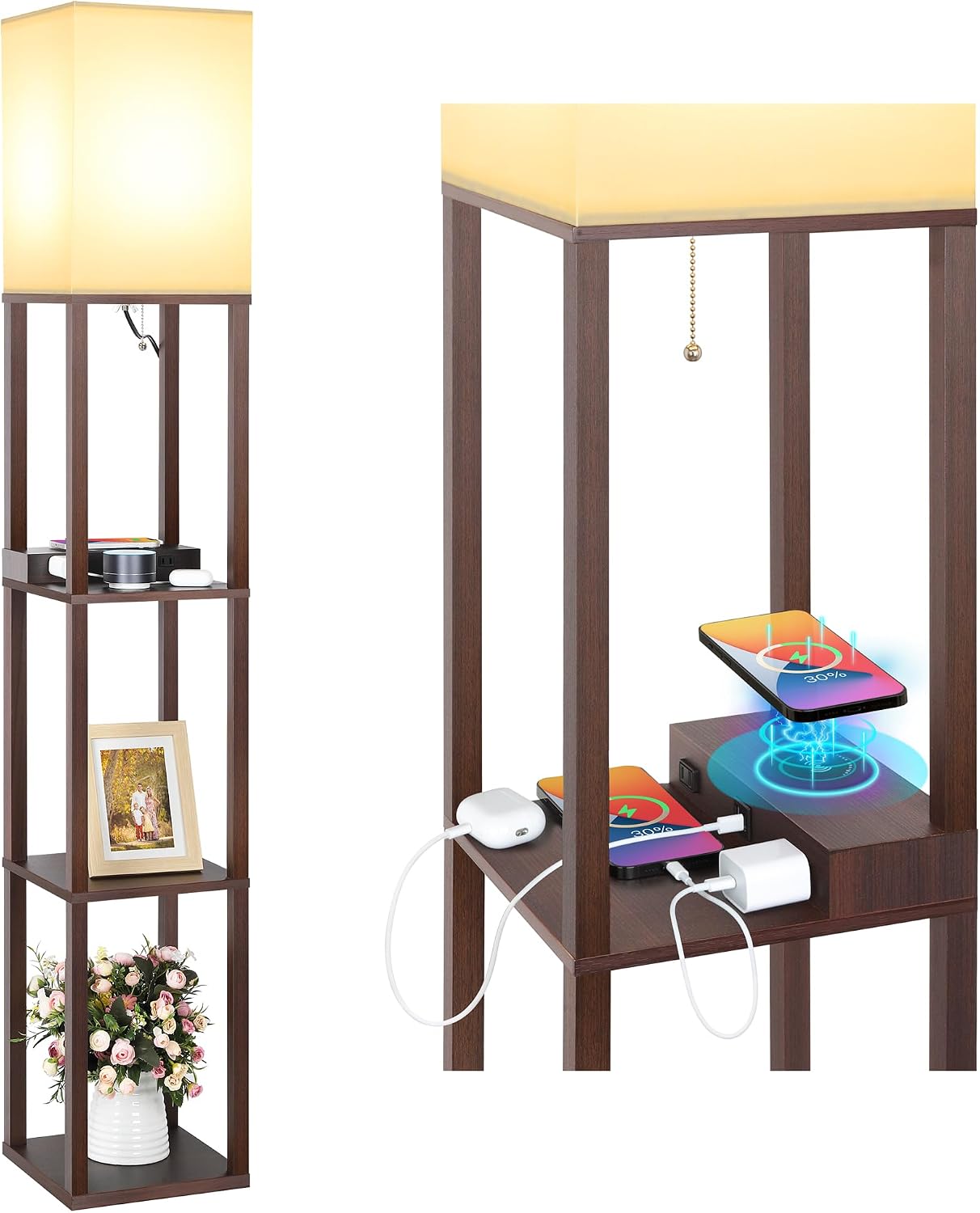 Mlambert Modern Shelf Floor Lamp with Wireless Charger & Fast Charging USB Ports & Type C Port & 2 Power Outlets,3 Tier Storage Lamp for…
