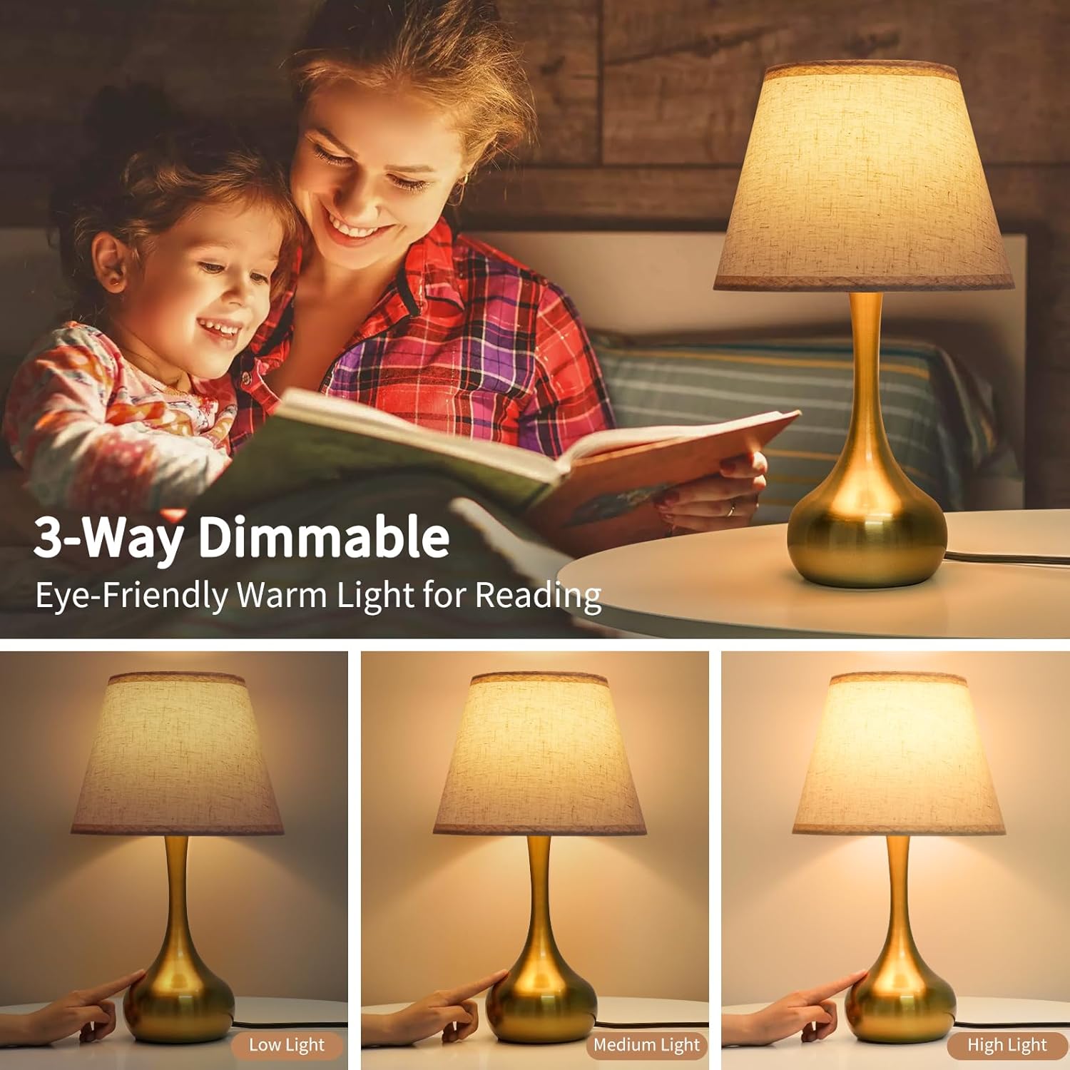 ONEWISH Touch Table Lamp Set of 2, Farmhouse 3-Way Dimmable Bedside Lamps for Nightstand with Fabric Shade, Desk Lamp for Reading…