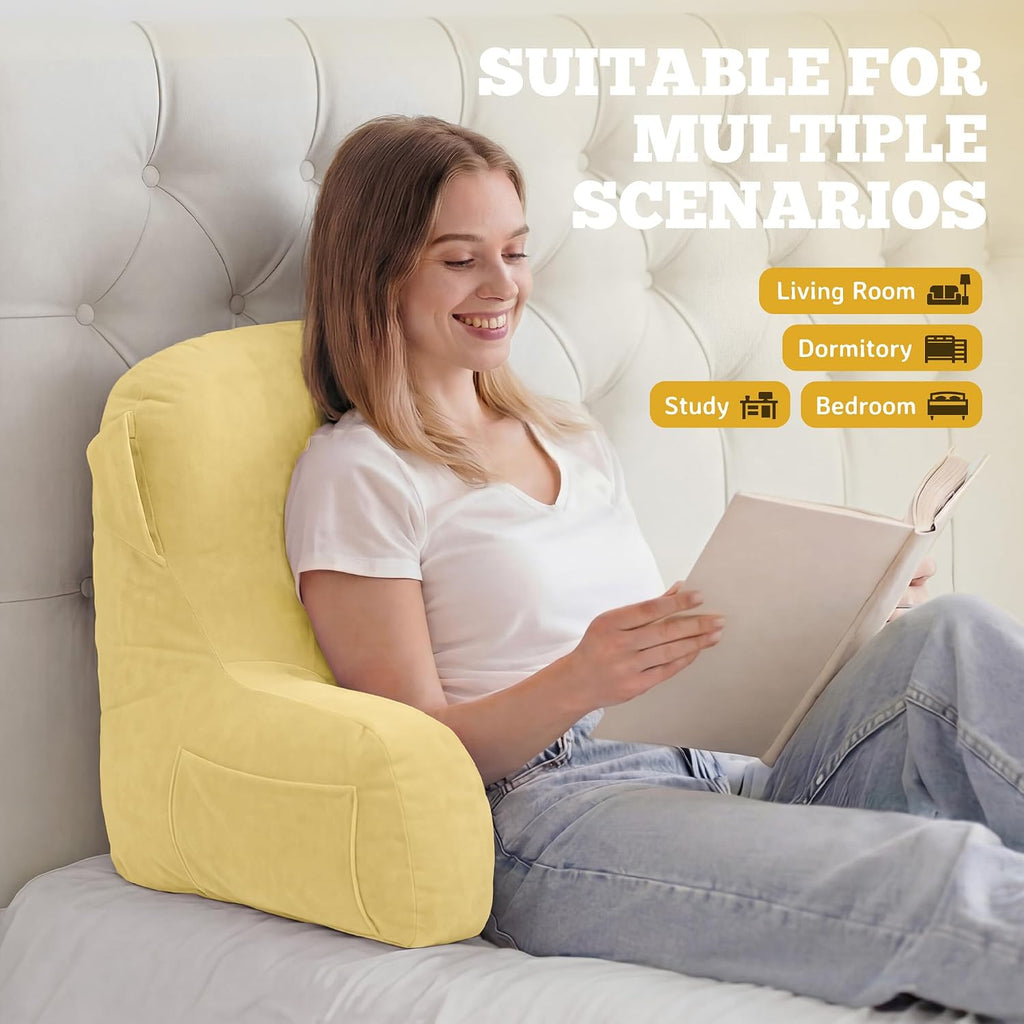 Unisakey Portable Comfy Reading Pillows for Bed Sitting Up(Yellow Oeko-Tex), Velvet Back Pillow with Arms & Pockets for Adults, Support…