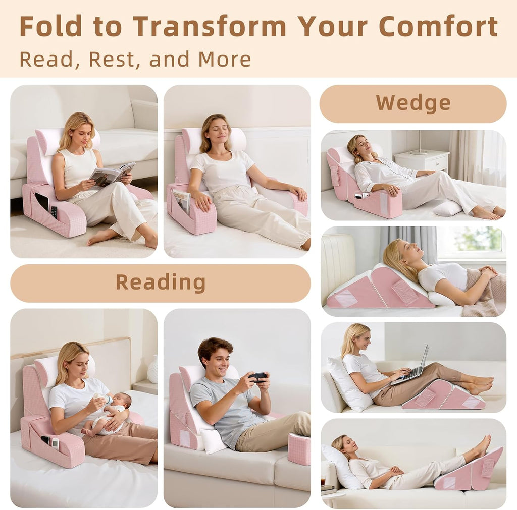 Esuerdo 5PCS Reading Pillow for Sitting in Bed Adult, 2 in 1 Foldable Back Wedge Pillow for Sleep, Ergonomic Back Support Pillow with Arms…