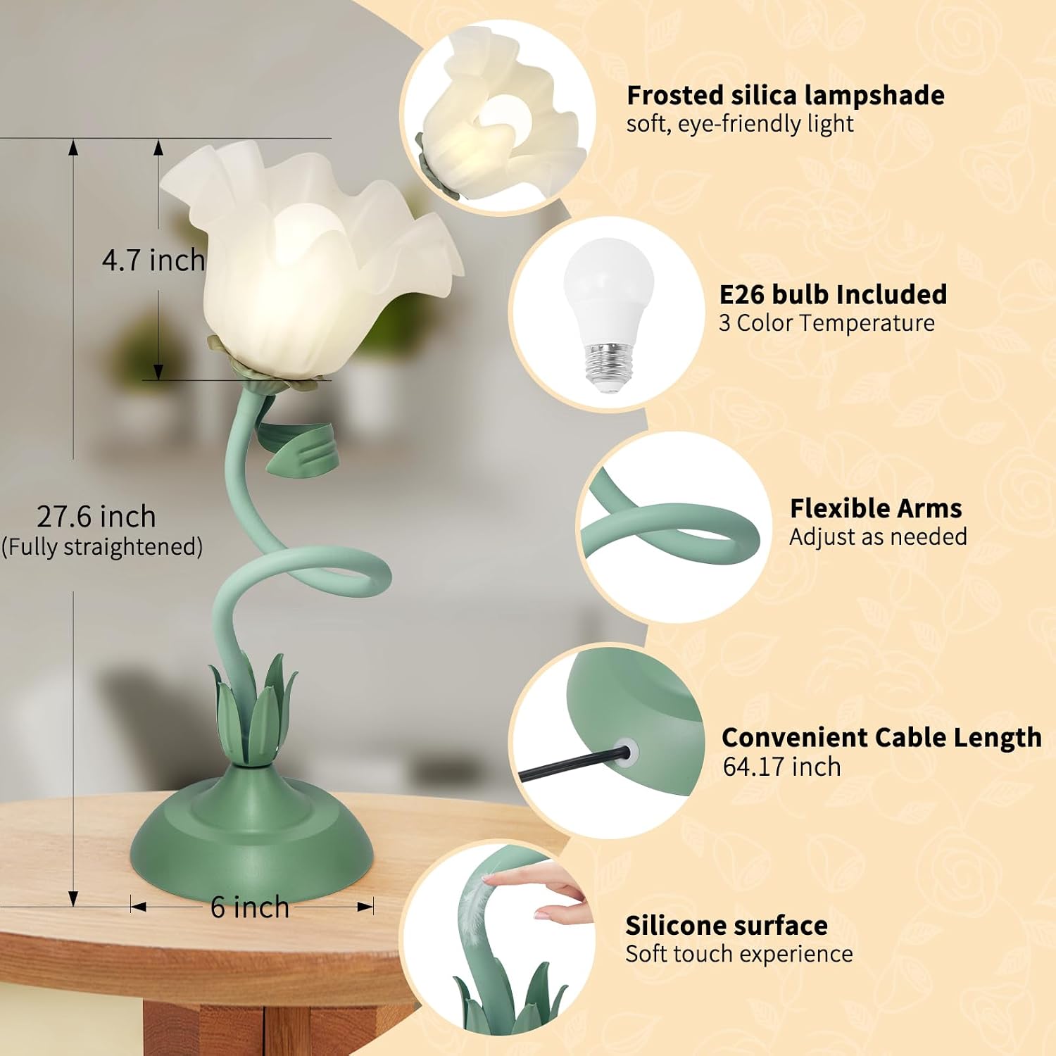 Cute Flower Desk Lamp, 3 Color Temperature Table Lamp with LED Bulb, Vintage Bedside Lamps, Reading Lamps with Soft Light for Bedroom…