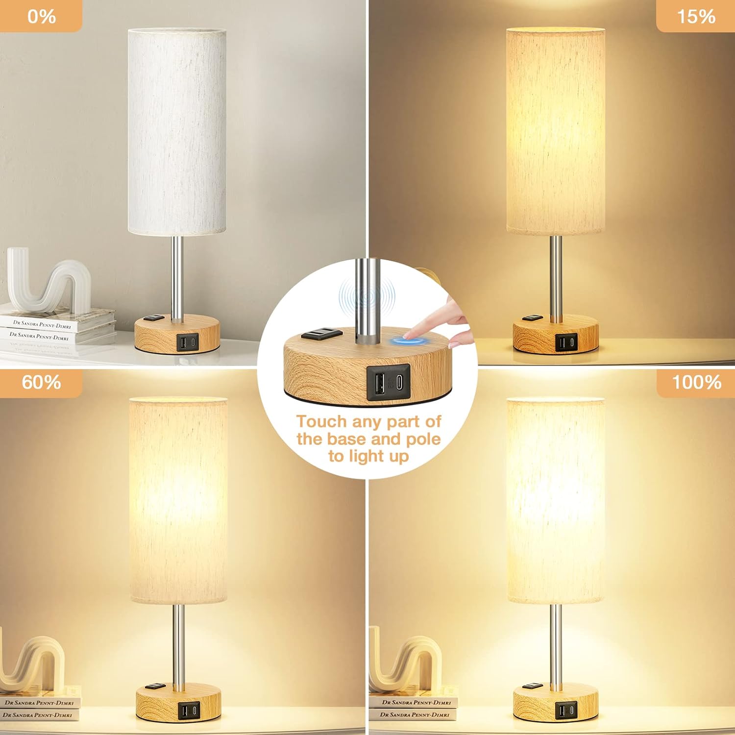 Fenmzee Bedside Table Lamp for Bedroom - 3 Way Dimmable Touch Lamp USB C Charging Ports and AC Outlet, Small Lamp Wood Base Round Flaxen…