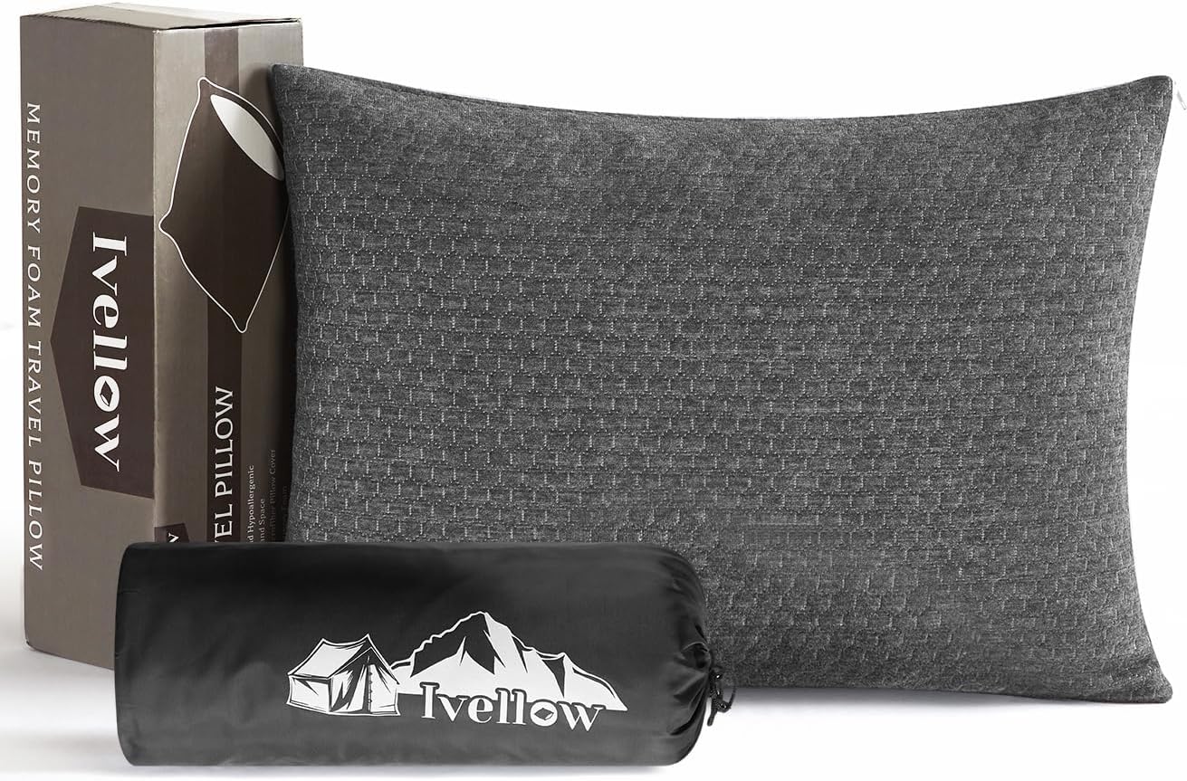 Ivellow Memory Foam Travel Pillow Compressible Camping Pillow for Sleeping Shredded Memory Foam Pillow Compact Firm Supportive Travel Pillo…