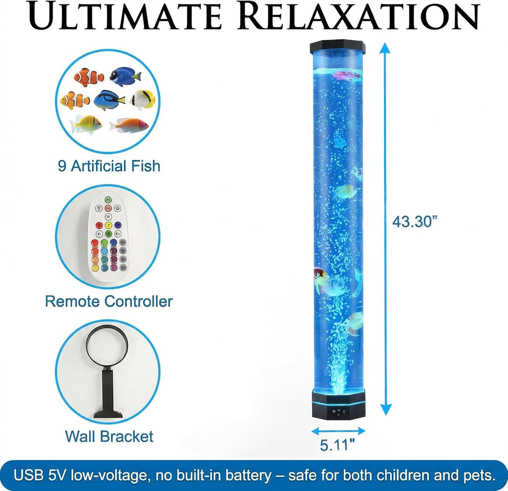 ZorpOrigin Sensory Bubble Fish Lamp 3.6FT, 9 Floating Fish, 16 Color LED & 3-Speed Bubbles, Extra Wide 120mm Tube with Remote Contro…