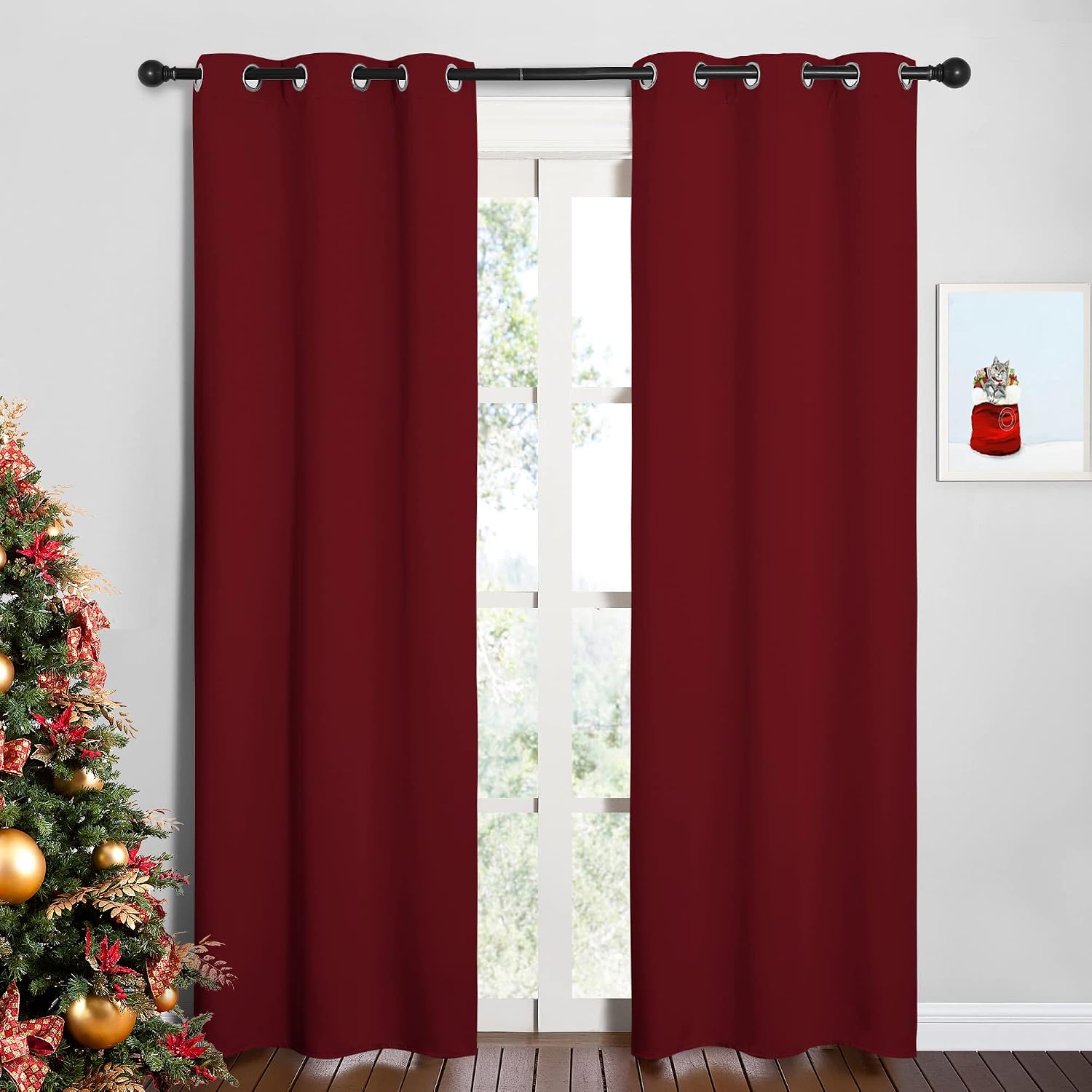 NICETOWN Christmas Burgundy Bedroom Curtains Blackout Draperies, Christmas Decorations Thermal Insulated Solid Grommet Top Blackout…