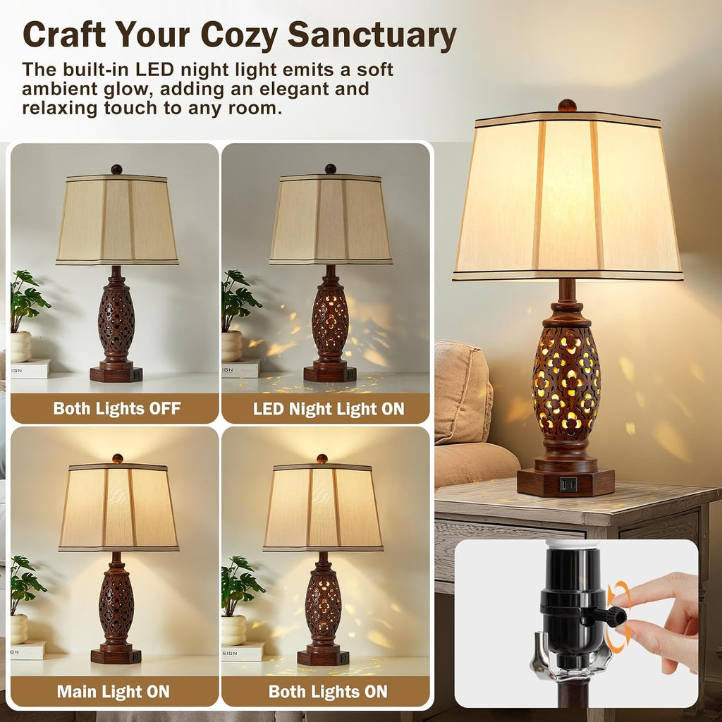 EJIAXIN Bedside Lamps Set of 2-23.5" Vintage Table Lamp with USB A+C and Nightlight - Brown Carved Resin Farmhouse Desk Lamp for…