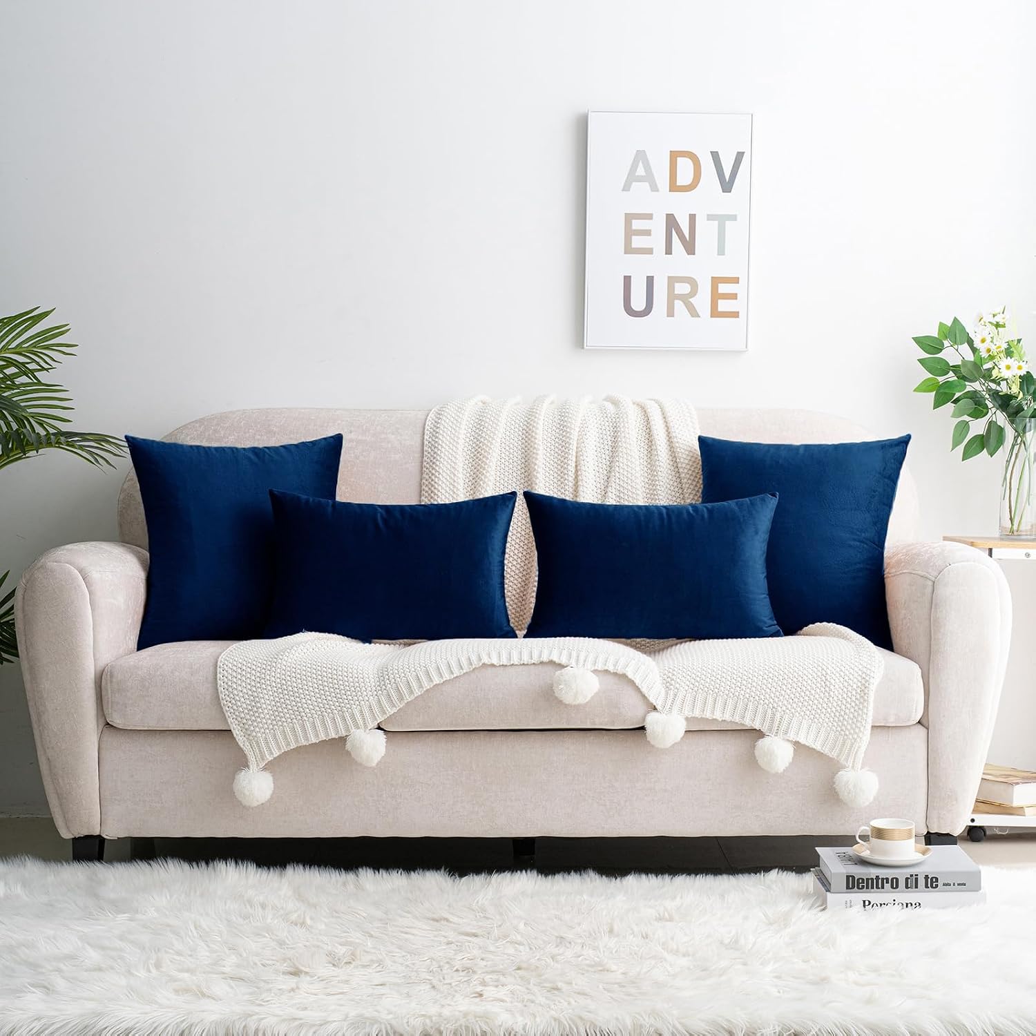 HWY 50 Navy Blue Velvet Throw Pillow Covers 22x22 Inch, Pack of 2 Soft Cozy Solid Decorative Luxury Cushion Cases for Couch Sofa Bed…