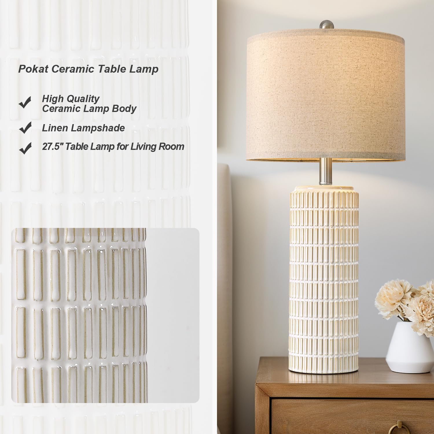 PoKat 27.5'' Tall Table Lamps for Living Room Set of 2, Ceramic Bedroom Lamps for Night Stands, Modern Bedside Lamps for Bedroom Living…