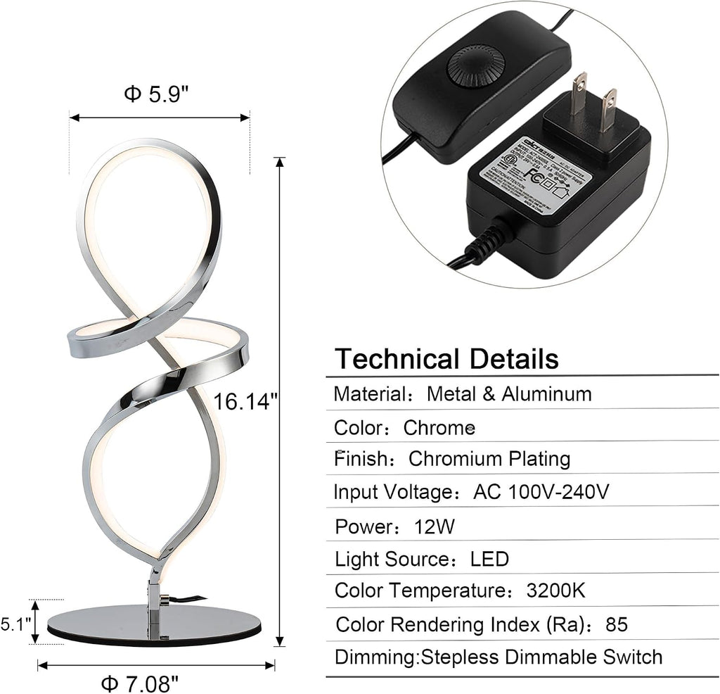 Mayful Modern Table Lamp with LED Unique Spiral Design, Small Nightstand Lamp with Stepless Dimming Switch, Chrome Bedside Lamps for…