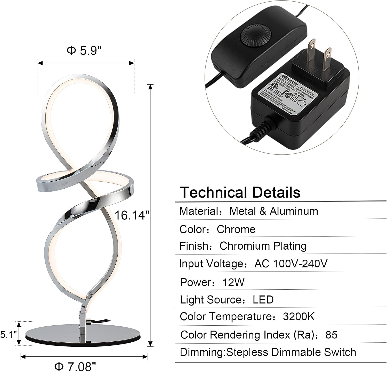 Mayful Modern Table Lamp with LED Unique Spiral Design, Small Nightstand Lamp with Stepless Dimming Switch, Chrome Bedside Lamps for…