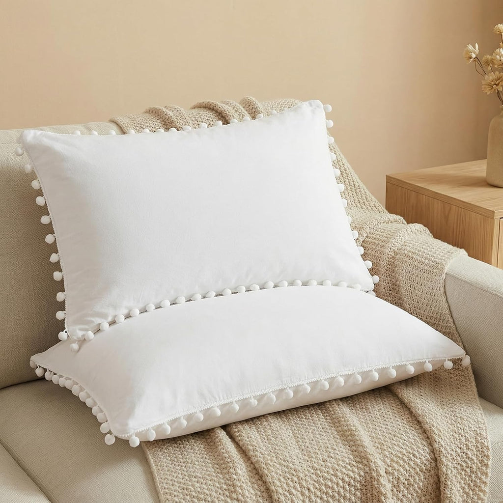 Moveover White Pillowcases, Standard Pom Poms Pillow Case Set of 2, 100% Washed Microfiber, Soft Solid White Pillow Shams, 2 Pack 2 Pack Wh…
