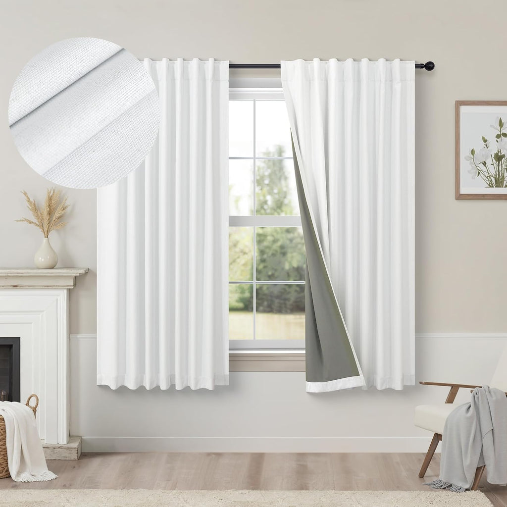 Pitalk White Linen Complete Blackout Curtains 48 Inch Length for Kids Room 2 Panels Light Blocking Thermal Insulated Cold Reducing Noise Re…