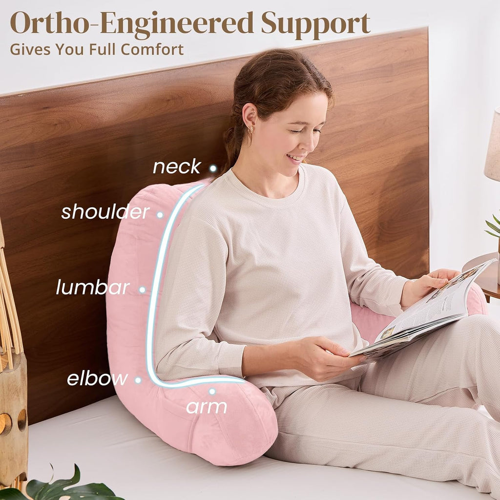 Sasttie Reading Pillow, Pillows for Reading or Relaxing – Ergonomic Support for Head, Neck, Back, and Lumbar, 21-Inch, Light Pink Pink