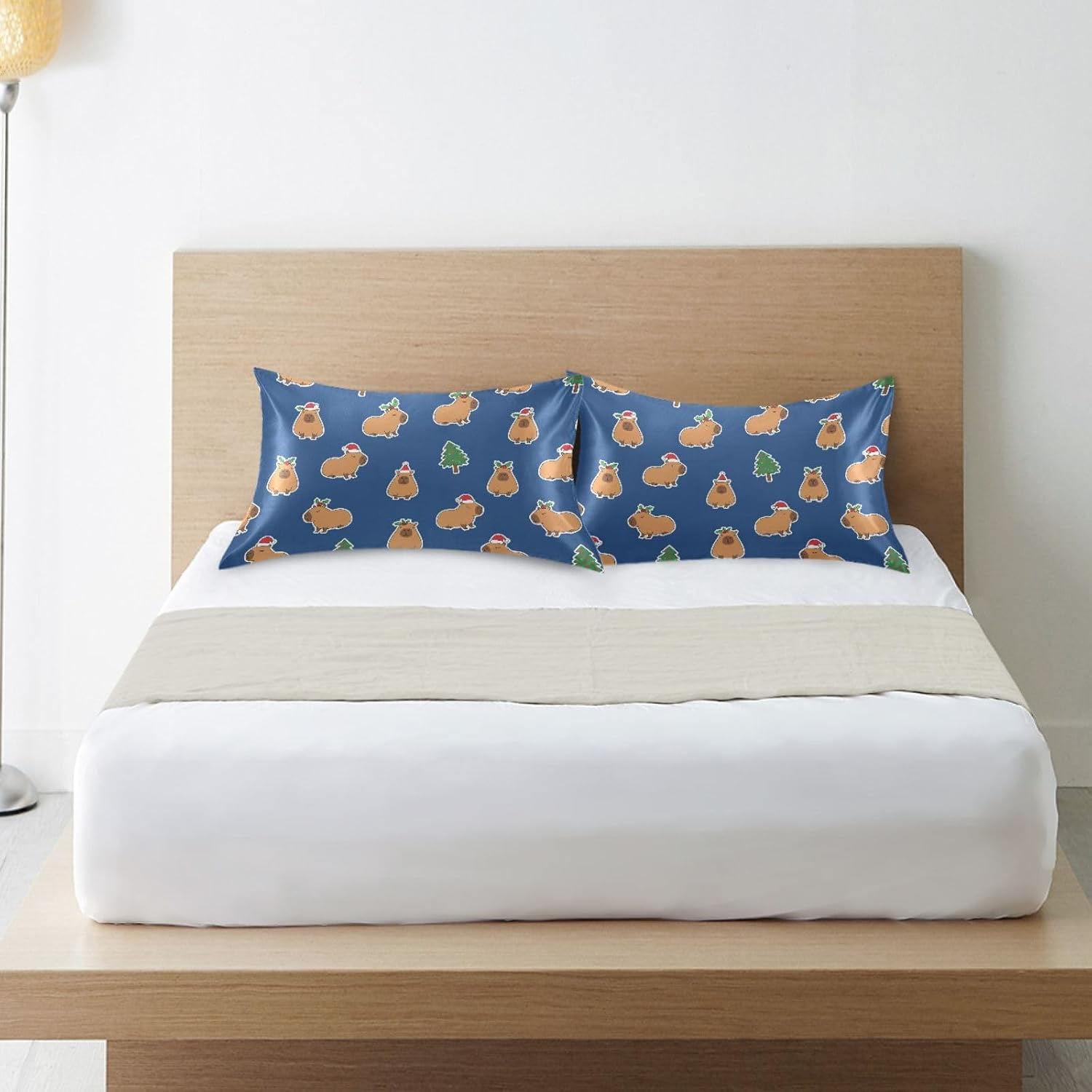 Christmas Capybara Blue Pillow Covers Silk Pillowcase for Hair and Skin with Envelope Closure Satin Pillowcase King Size Pillow Case for…