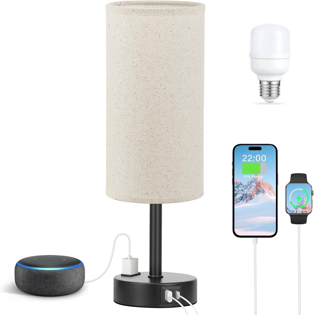 Fenmzee Beige Touch Table Lamp for Bedroom - 3 Way Dimmable Bedside Lamp USB C Charging Ports and AC Outlet, Small Lamp with Fabric Shade…