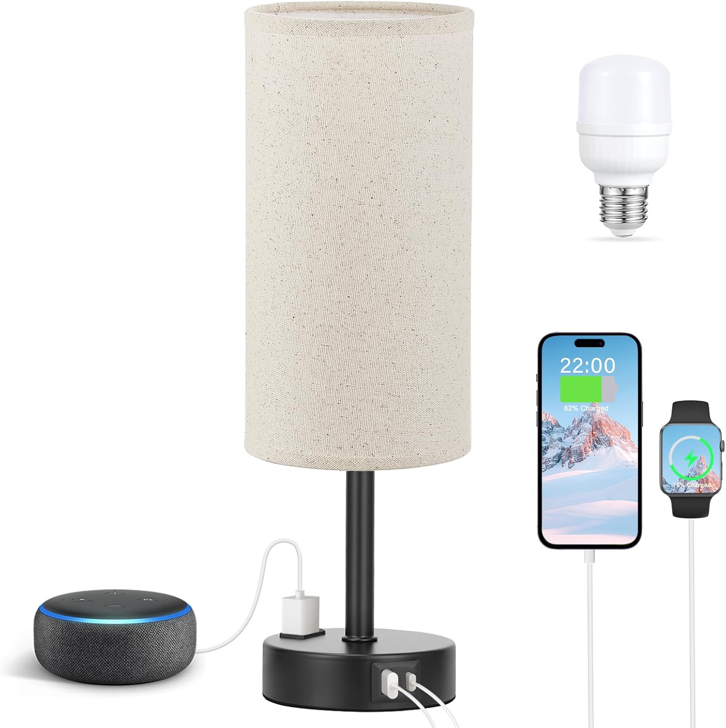 Fenmzee Beige Touch Table Lamp for Bedroom - 3 Way Dimmable Bedside Lamp USB C Charging Ports and AC Outlet, Small Lamp with Fabric Shade…