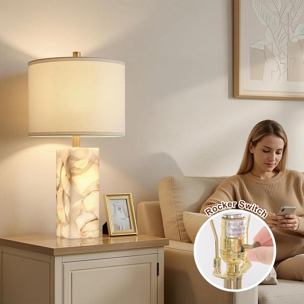 Scenekoy Alabaster Table Lamp Set of 2 with Night Light for Bedroom Living Room, 23" Rotary Switch Bedside Lamp with Linen Shade, Modern…