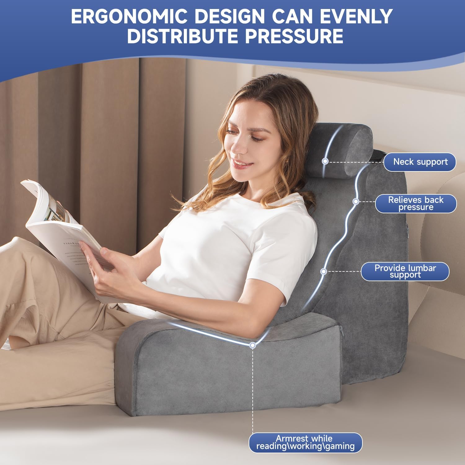 SofGlowly Reading Pillow for Sitting in Bed Adult, Back Support Pillow for Bed Sitting up with Arm Rest, Bed Rest Pillows for Watching…