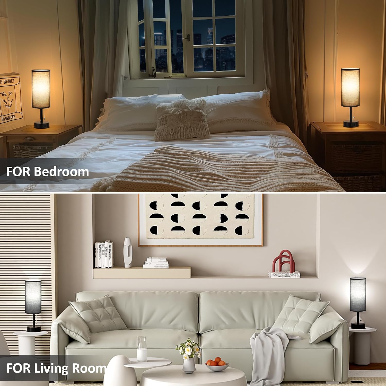 Fenmzee Black Bedside Table Lamps Set of 2-3 Color Temperatures Pull Chain Lamp with AC Outlet Charging Port, Round Night Stand Lamps for…