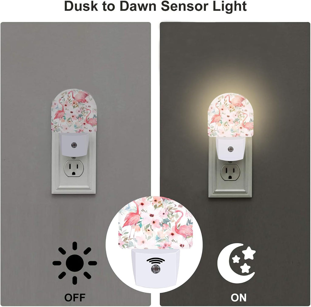 Pink Flamingos Flowers Night Light for Kids, Watercolor Tropical Floral Flamingo Night Light Plug in with Dusk to Dawn Sensor,0.5w Energy…