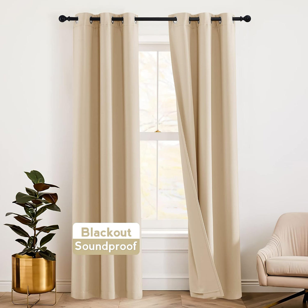 Rybhome RYB HOME Soundproof Curtains for Bedroom - Totally Room Darkening 3 Layers Blackout Window Drape Detachable Felt Liner Inside Noise…
