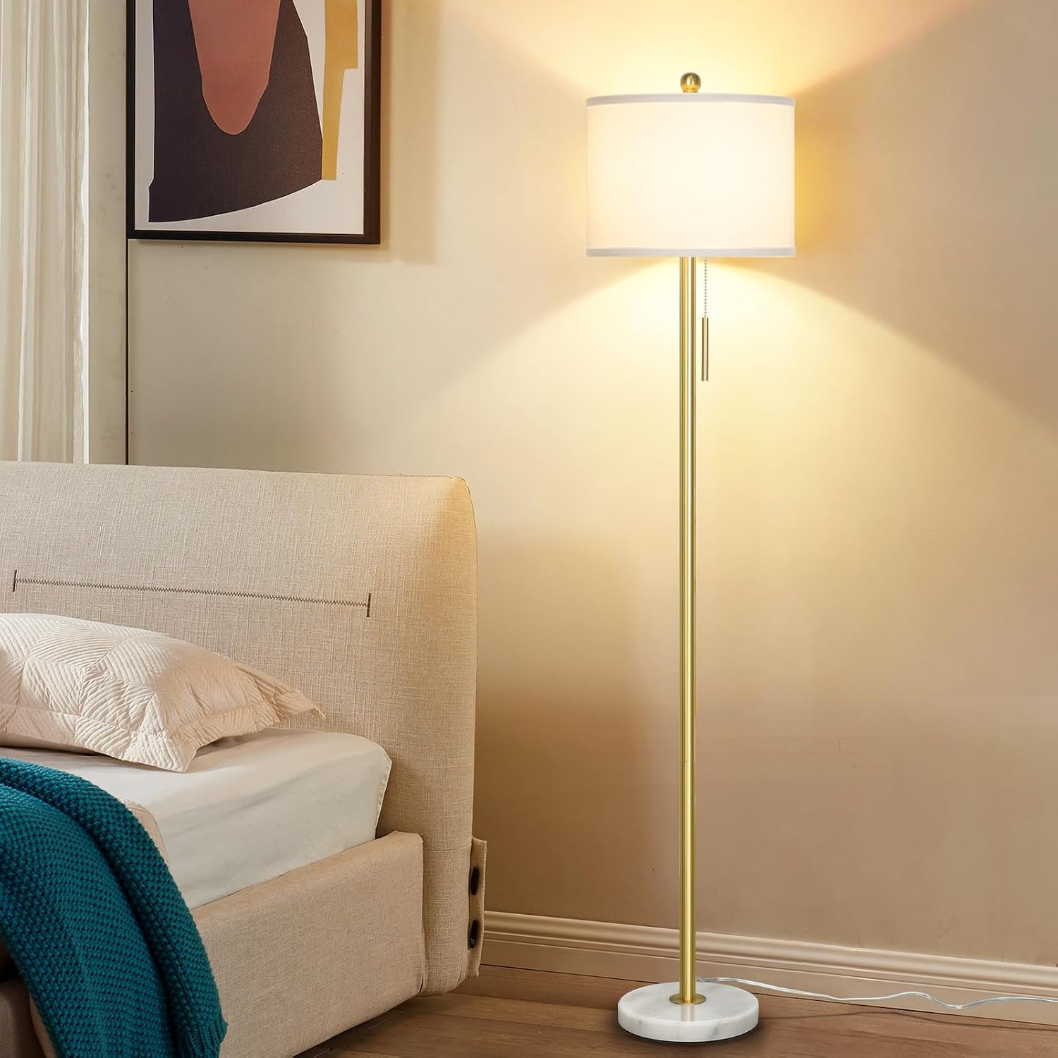 Qingmiao 【Upgraded】 Dimmable Gold Floor Lamps for Living Room, 63in Modern Standing Lamp with Marble Base, Tall Pole Light with White…
