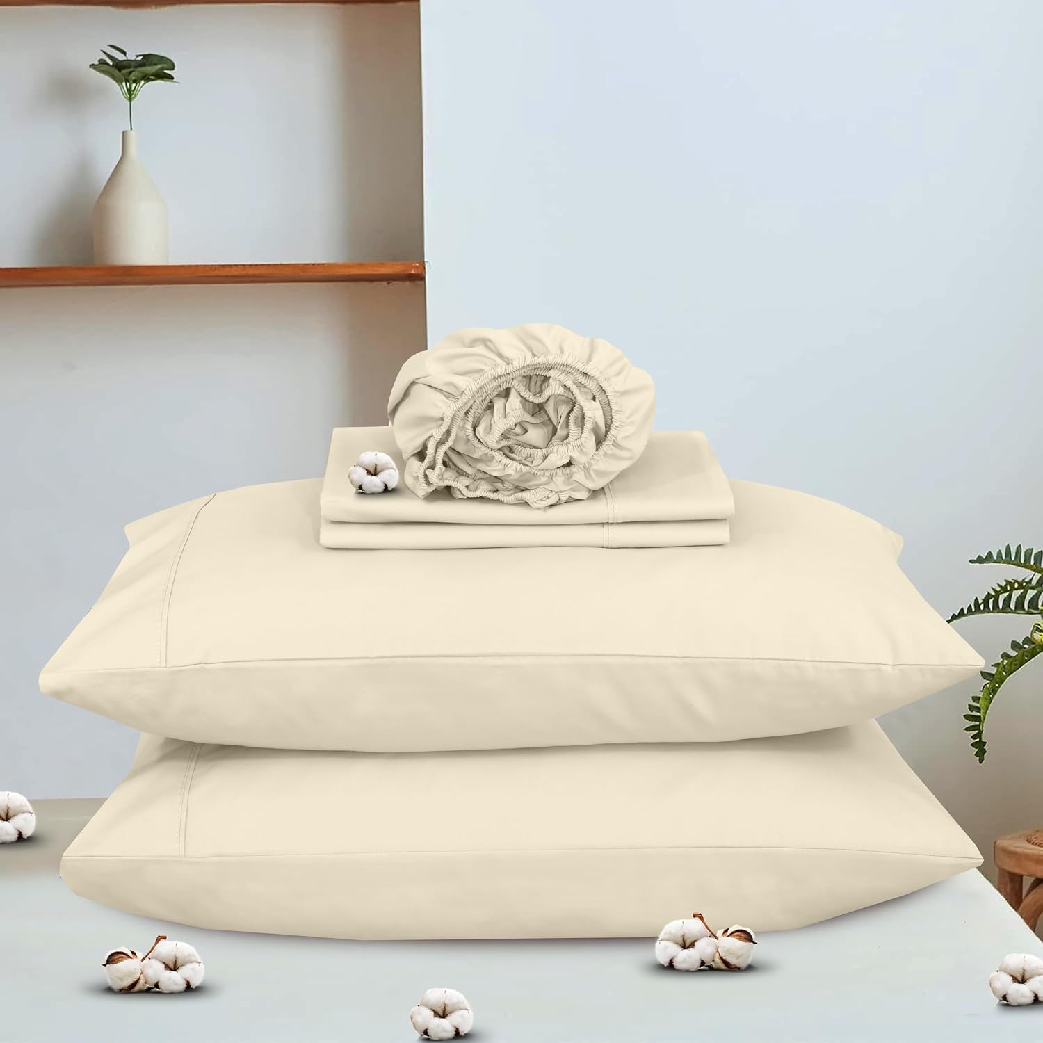 Ruvanti 100% Cotton Organic Percale Sheets Queen Size – Crisp Cooling Bed Sheets for Hot Sleepers, Deep Pocket 15”, Soft Peach Finish, Brea…