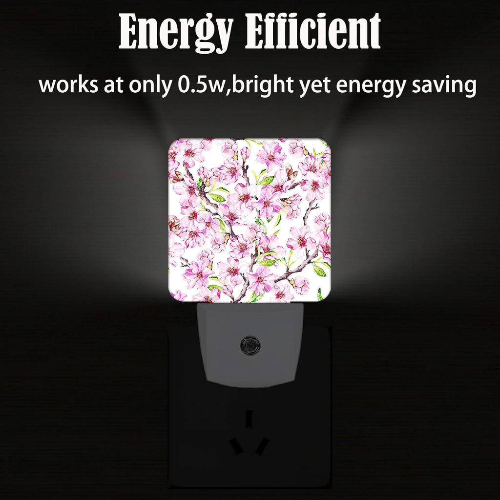 Spring Flowers Blossom Night Light, Plug Into Wall for Boys Girls Bedroom Decorative Square Night Light Lamp 0.5w Sleep Friendly