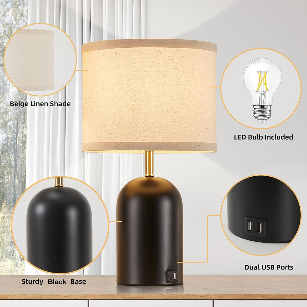 GyroVu Touch Control Table Lamps Set of 2, Modern Bedside Lamp with 2 USB Ports, Dimmable Gold and Black Nightstand Lamp with Fabric…