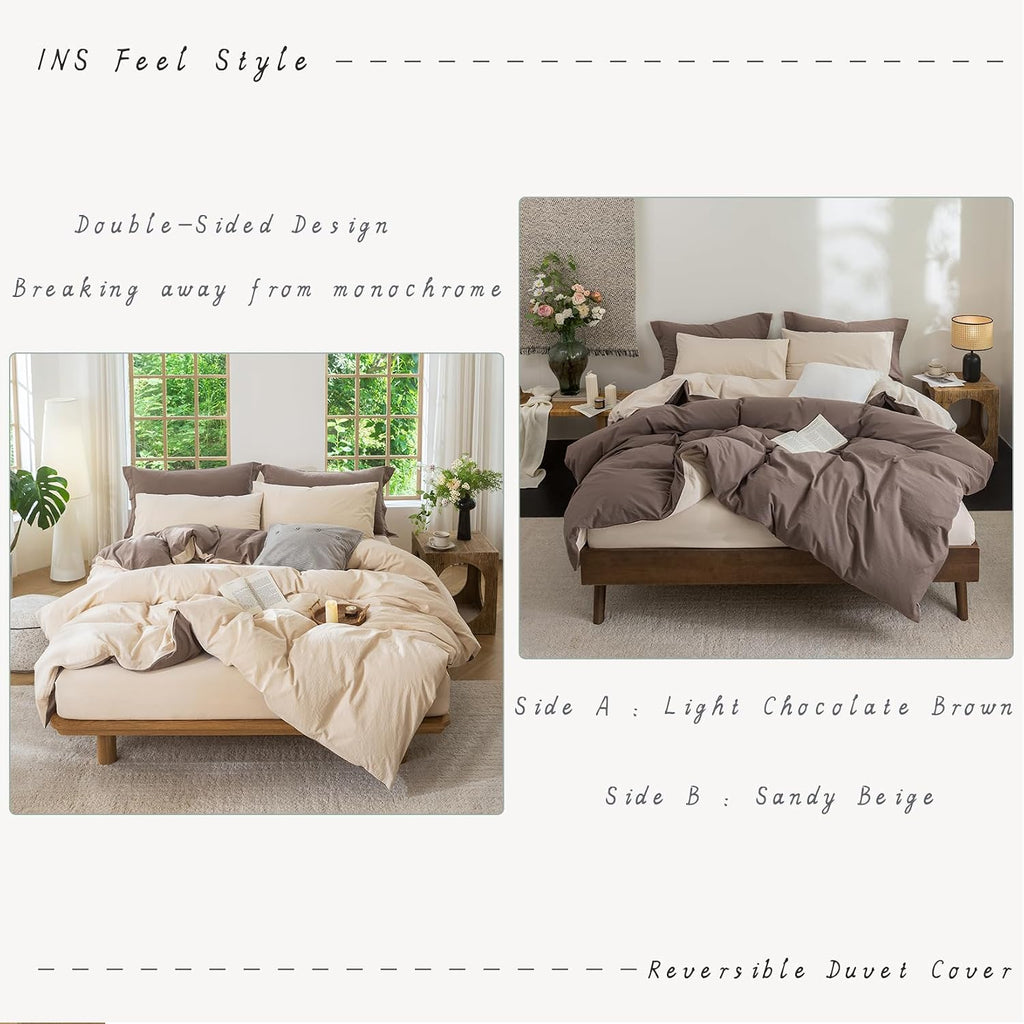 Bdear 3 Pieces Reversible Duvet Cover Set Set Twin Size 68x90 inch, 100% Washed Cotton Duvet Cover Plus 2 Pillowcases, Double Sided with IN…