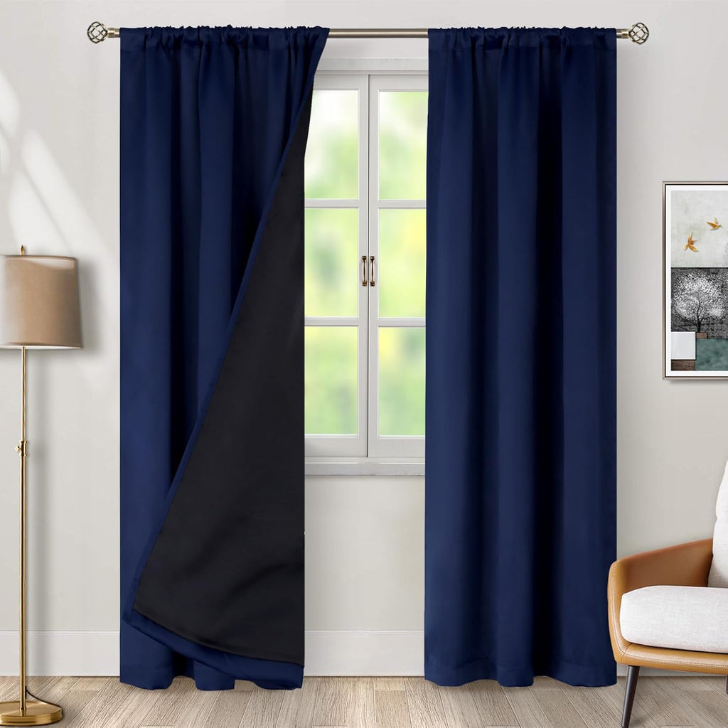 BGment Navy Blue 100% Blackout Curtains for Bedroom, Black Out Living Room 84 inch Panels with Thermal Liner, Rod Pocket and Back Tab…