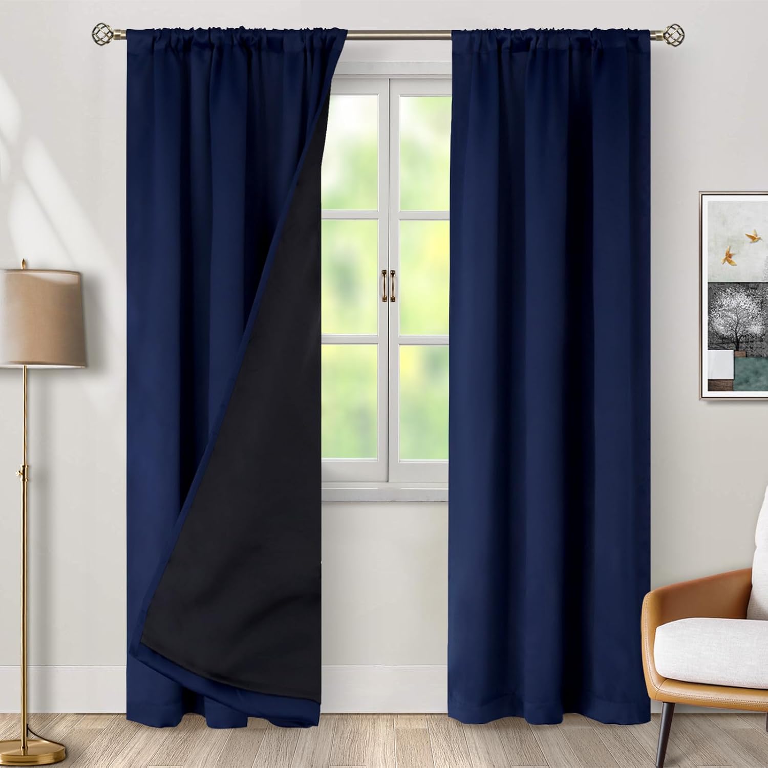 BGment Navy Blue 100% Blackout Curtains for Bedroom, Black Out Living Room 84 inch Panels with Thermal Liner, Rod Pocket and Back Tab…