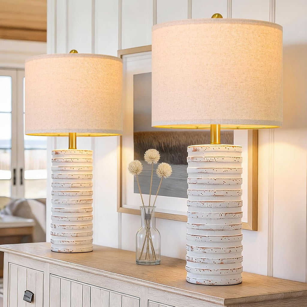 PoKat 27'' Tall Table Lamps for Living Room, Farmhouse Bedside Lamps Set of 2 for Bedroom, Rustic Ceramic Nightstand Lamps with Linen…