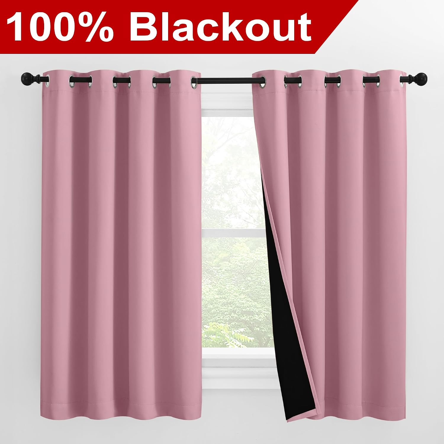 Nicetown 100% Blackout Curtains with Black Liners, Thermal Insulated Full Blackout 2-Layer Lined Drapes, Noise Cancellation Window Draperie…