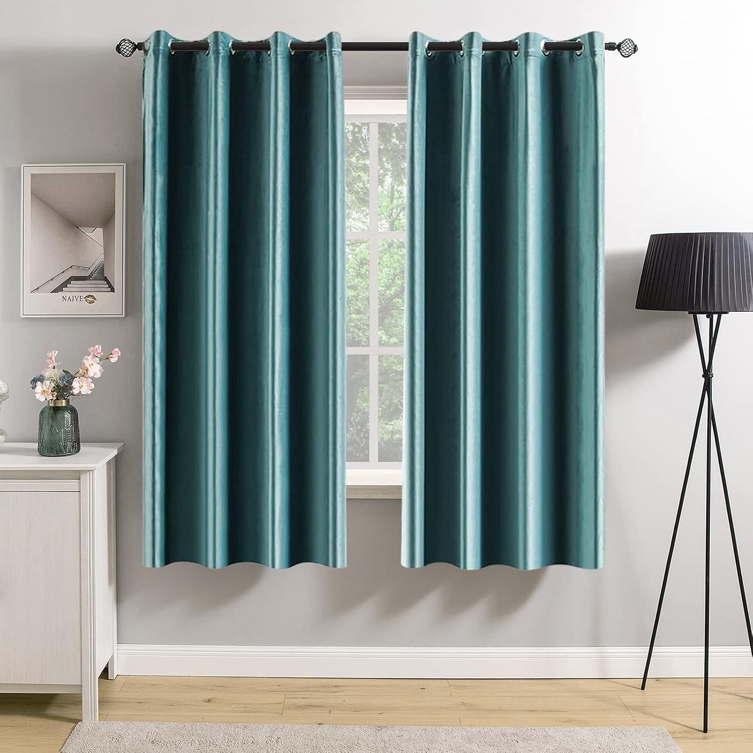 MIULEE 2 Panels Blackout Velvet Curtains Solid Soft Grommet Teal Curtains Thermal Insulated Soundproof Room Darkening…