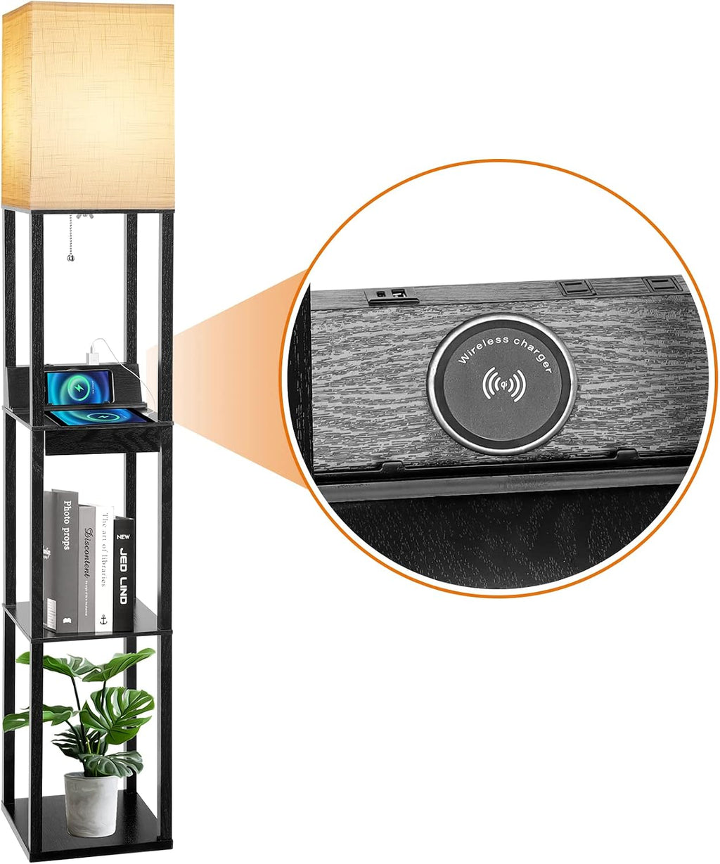 Floor Lamp with Shelves, RUNTOP LED Shelf Floor Lamp with Wireless Charger & 2 Charging USB Ports & Drawer, AC Outlet, 3 Color…