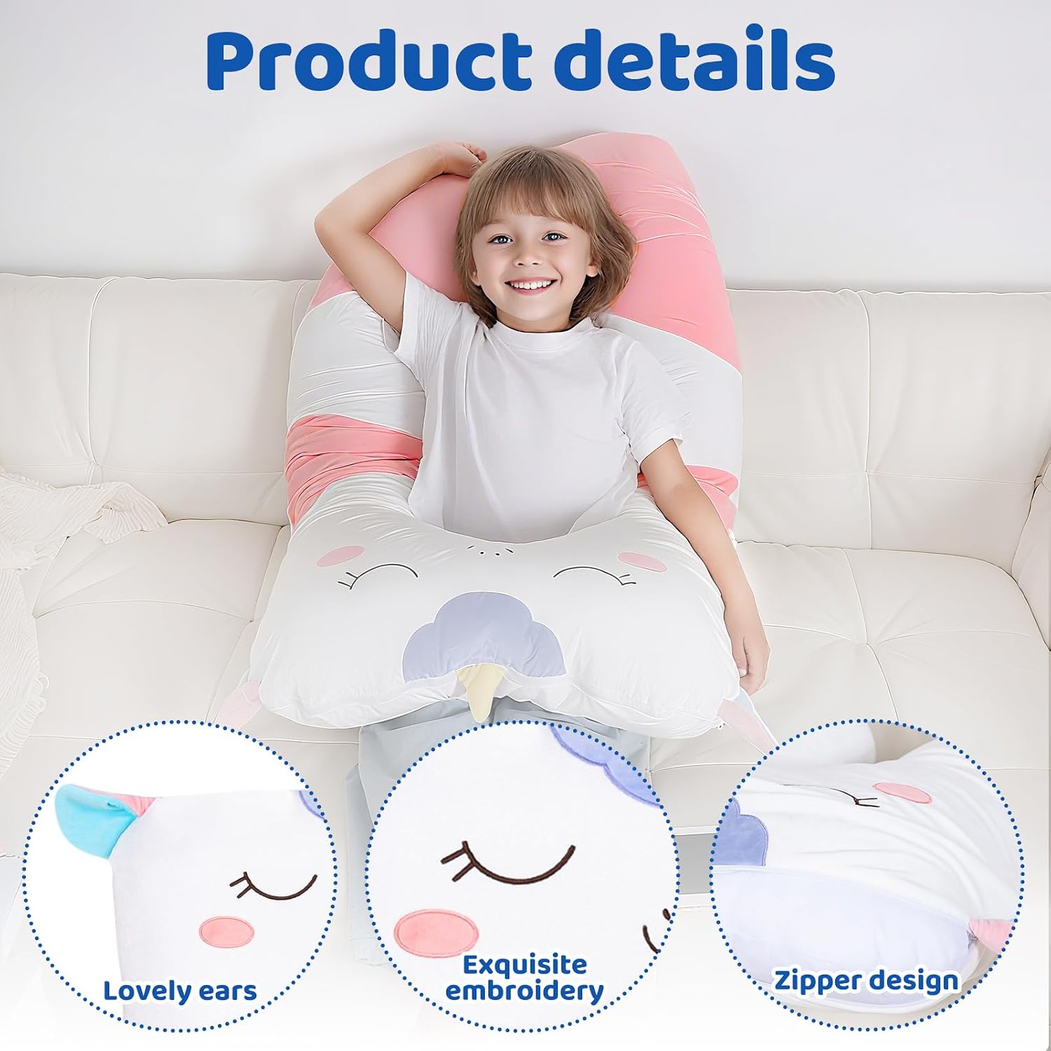 47x23 inch U Shaped Long Plush Body Pillows for Kids, Stuffed Animal Unicorn Soft Large Pillow for Sleeping, Big Cute Plushies, Washable…