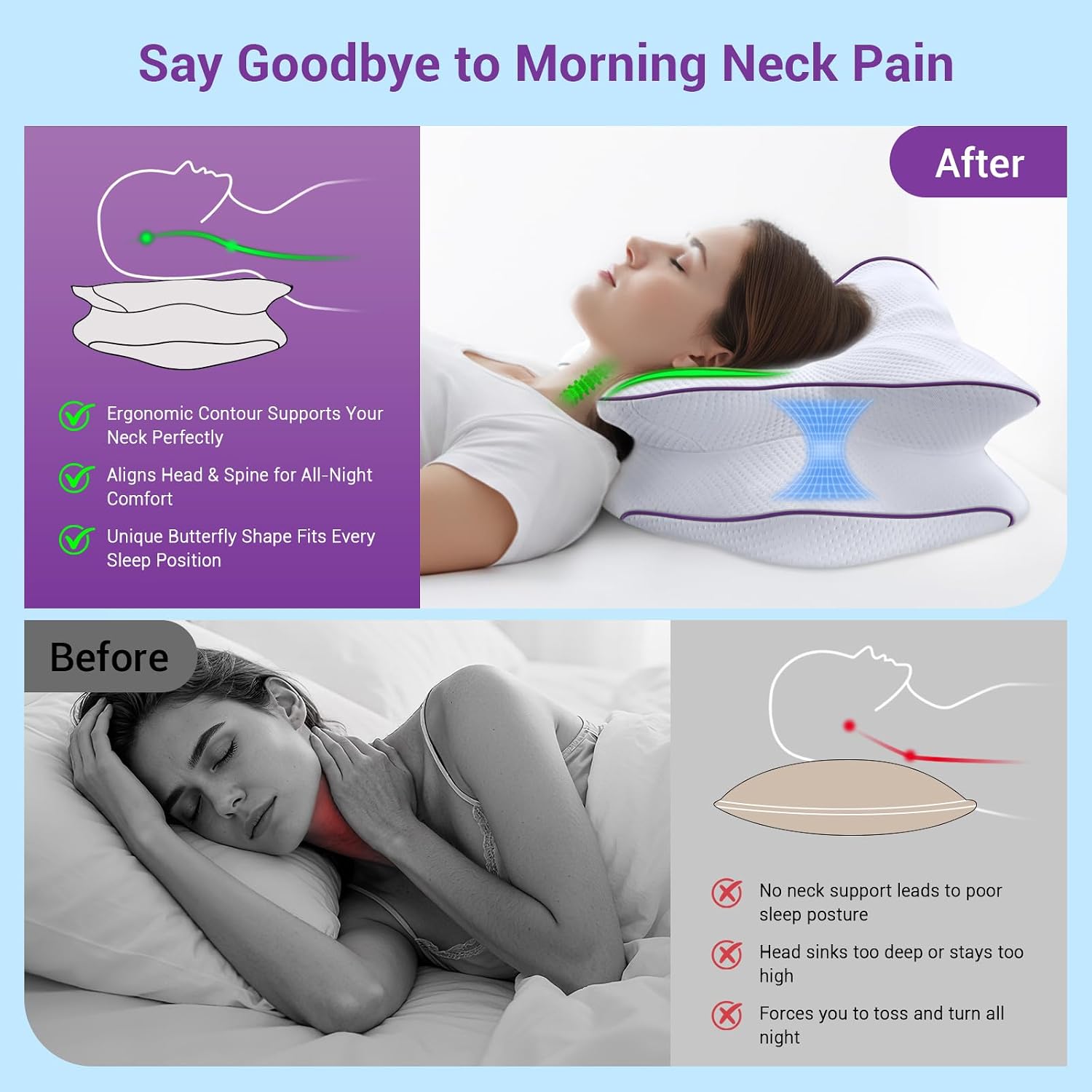 AZBestPro Memory Foam Cervical Pillow for Neck Support &, Butterfly Ergonomic Design – 24×15.75×5.7 Inches, Removable 100% Polyester Pillo…