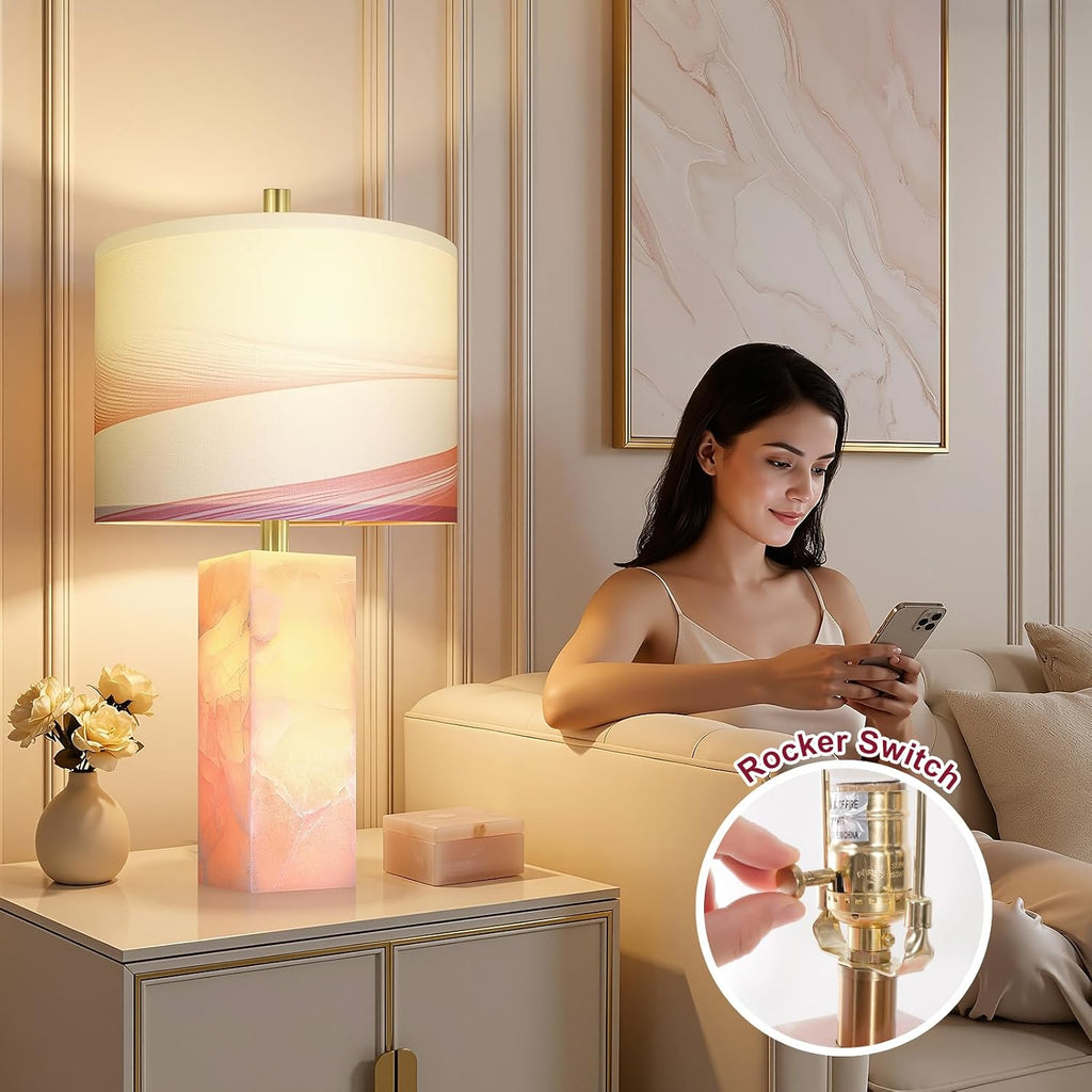 Scenekoy 23" Alabaster Table Lamp Set of 2 with Night Light for Bedroom Living Room, Rotary Switch, Pink Modern Table Lamp with Linen…