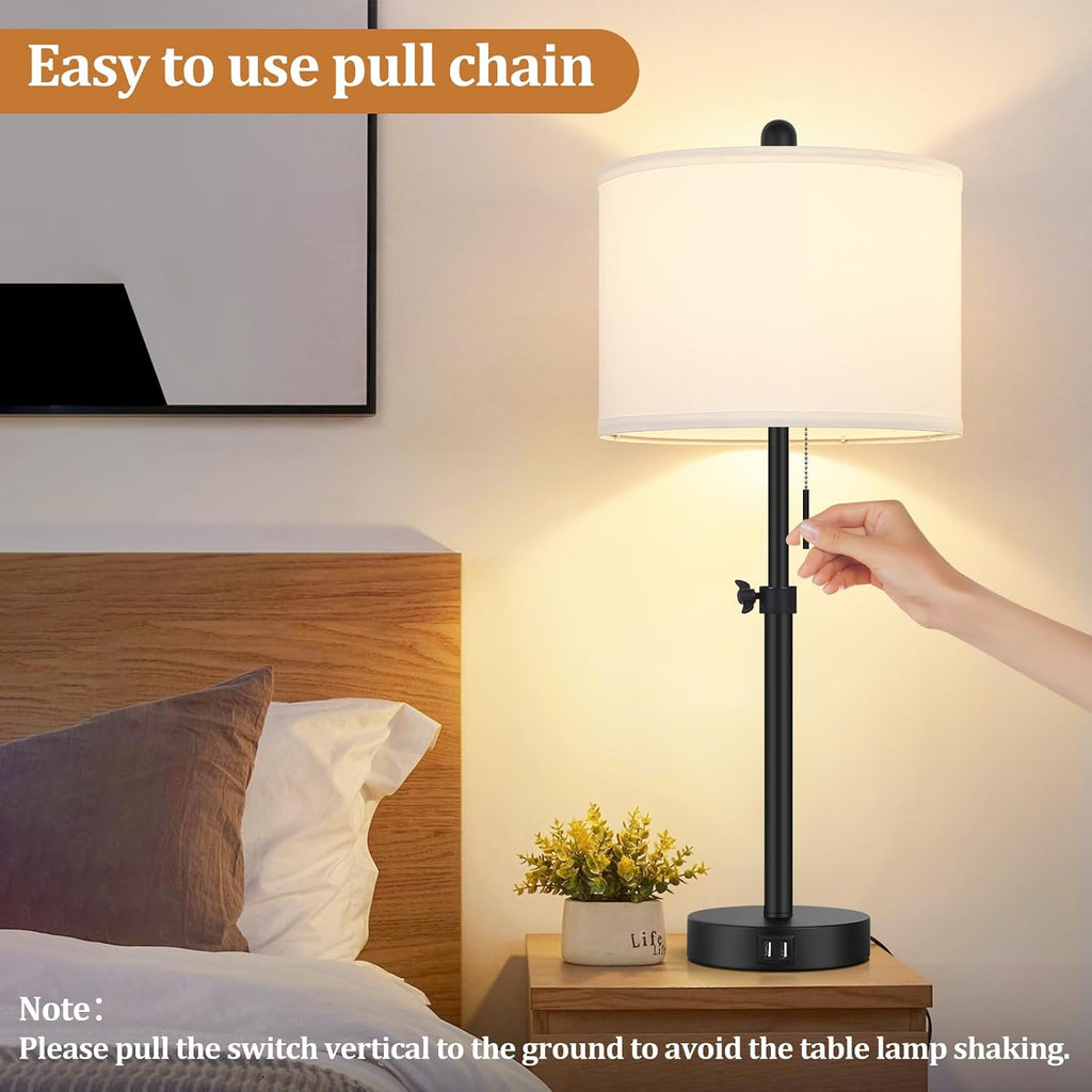 Kondras Table Lamp for Bedroom Set of 2, 23" to 30" Height Adjustable Bedside Lamp with 2 USB Ports, Black Nightstand Lamp with White…
