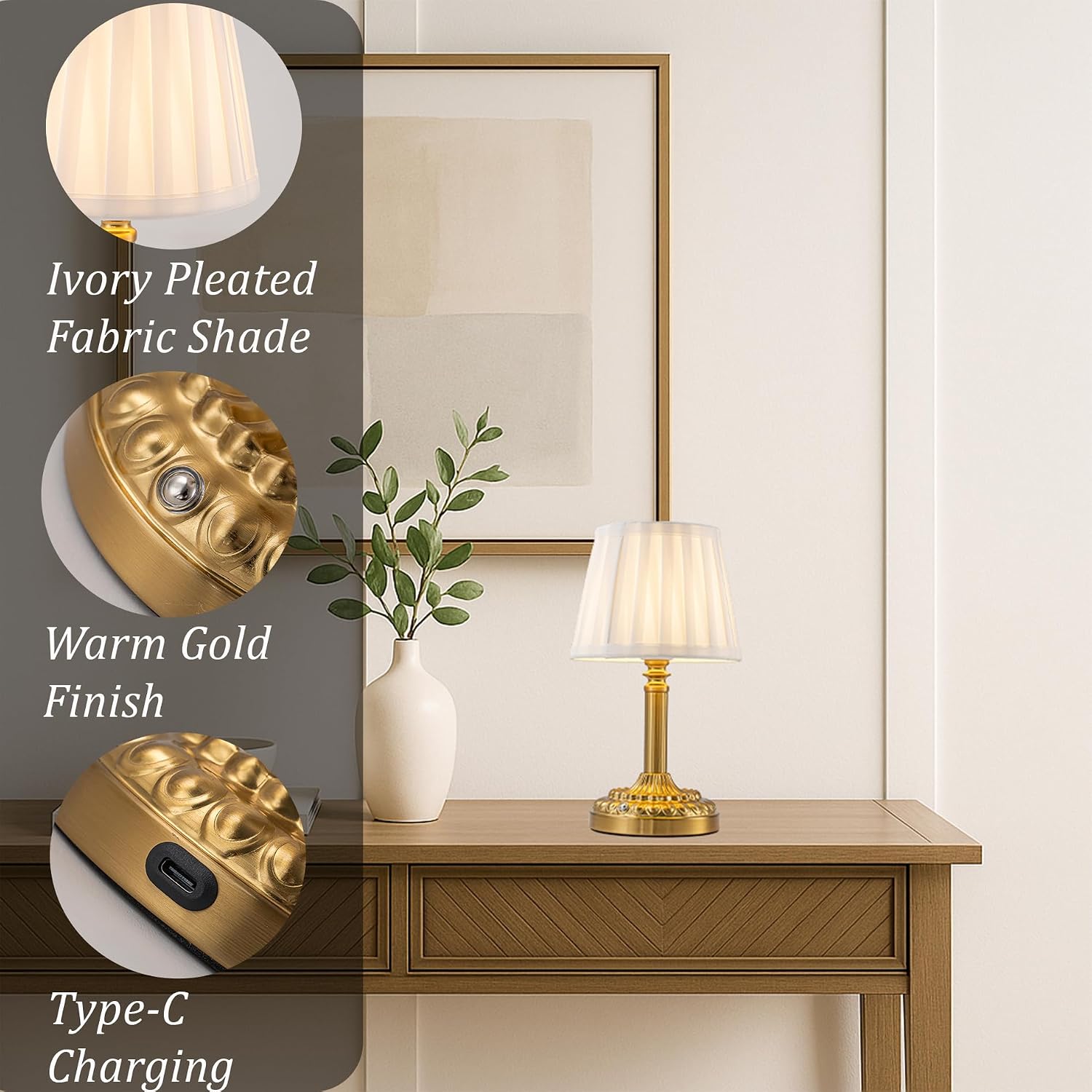 3 Way Dimmable Touch Control Cordless Table Lamp with Pleated Fabric Shade Glam Rechargeable Bedside Nightstand Lamp Small LED Desk Lamp…