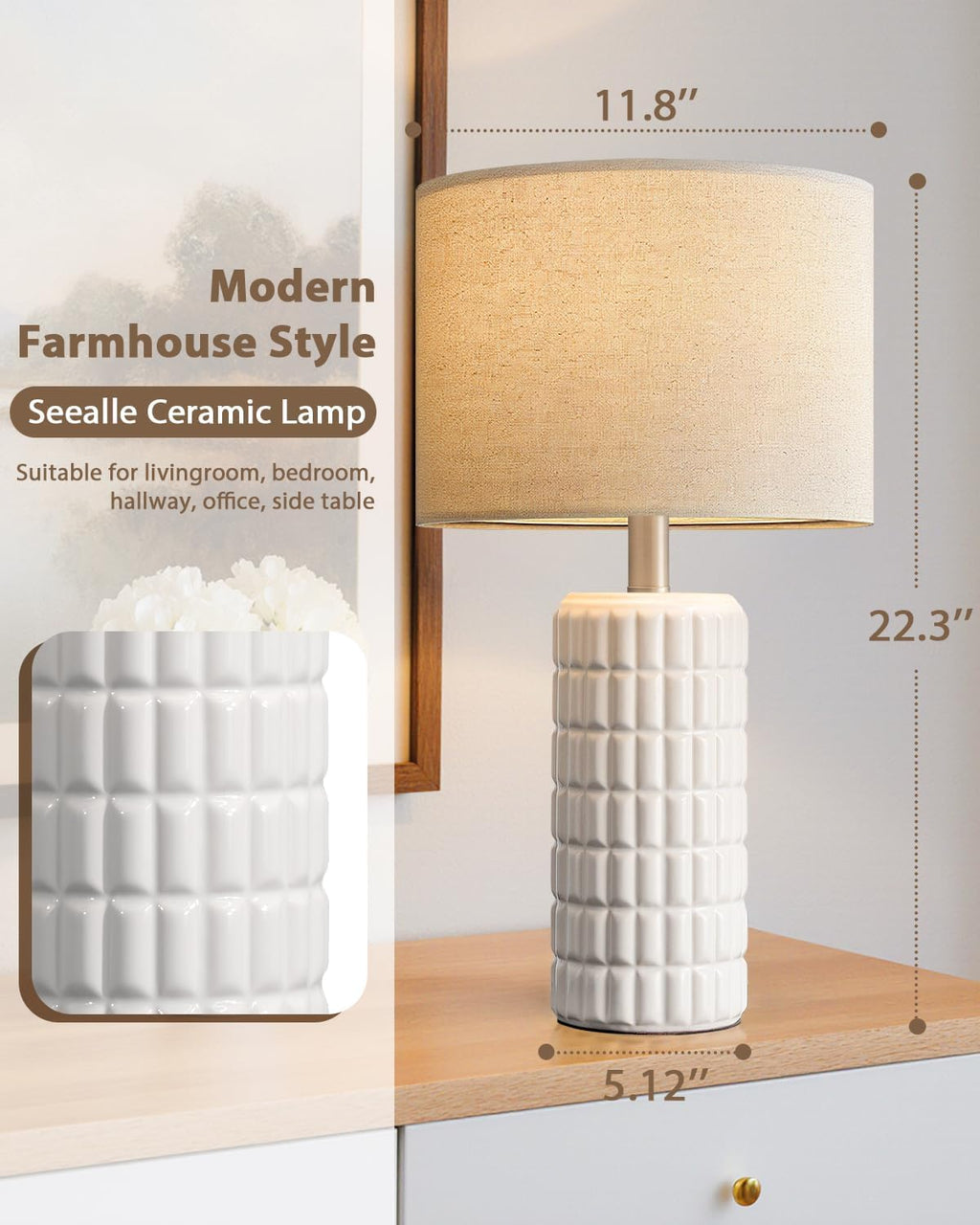 SeealleLighting Seealle 23" Modern Ceramic Table Lamps - Table Lamps for Living Room, Farmhouse Bedside Night Stands Lamp for Bedroom, Whit…