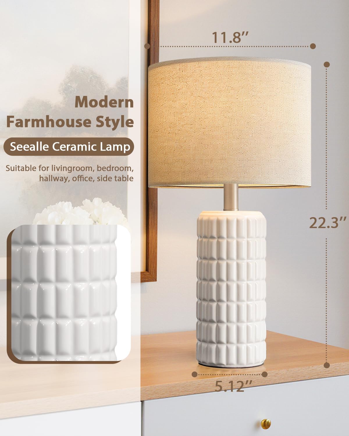 SeealleLighting Seealle 23" Modern Ceramic Table Lamps - Table Lamps for Living Room, Farmhouse Bedside Night Stands Lamp for Bedroom, Whit…